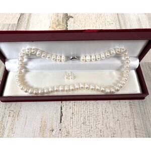 White Freshwater 18" Pearl Necklace & Earrings Set Silver NEW Gift Eleegant
